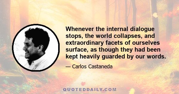 Whenever the internal dialogue stops, the world collapses, and extraordinary facets of ourselves surface, as though they had been kept heavily guarded by our words.