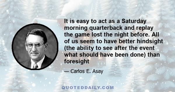 It is easy to act as a Saturday morning quarterback and replay the game lost the night before. All of us seem to have better hindsight (the ability to see after the event what should have been done) than foresight