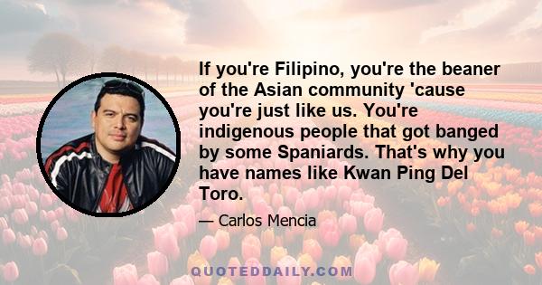 If you're Filipino, you're the beaner of the Asian community 'cause you're just like us. You're indigenous people that got banged by some Spaniards. That's why you have names like Kwan Ping Del Toro.