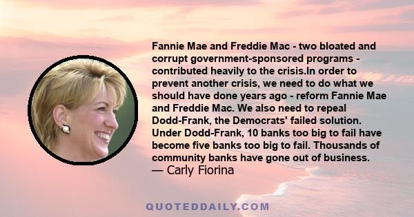 Fannie Mae and Freddie Mac - two bloated and corrupt government-sponsored programs - contributed heavily to the crisis.In order to prevent another crisis, we need to do what we should have done years ago - reform Fannie 