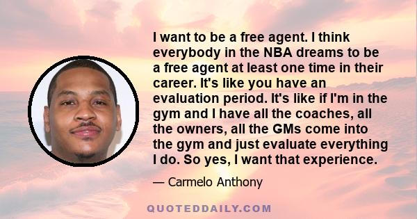 I want to be a free agent. I think everybody in the NBA dreams to be a free agent at least one time in their career. It's like you have an evaluation period. It's like if I'm in the gym and I have all the coaches, all