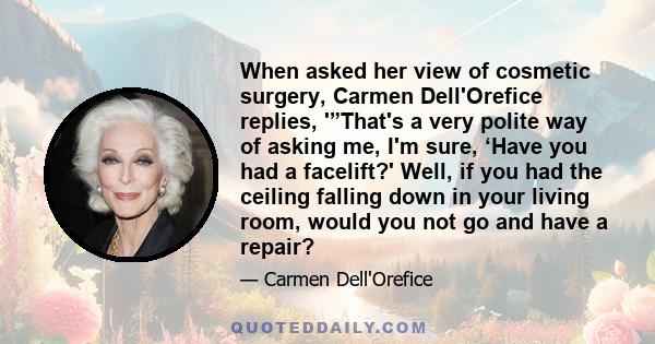 When asked her view of cosmetic surgery, Carmen Dell'Orefice replies, '”That's a very polite way of asking me, I'm sure, ‘Have you had a facelift?' Well, if you had the ceiling falling down in your living room, would