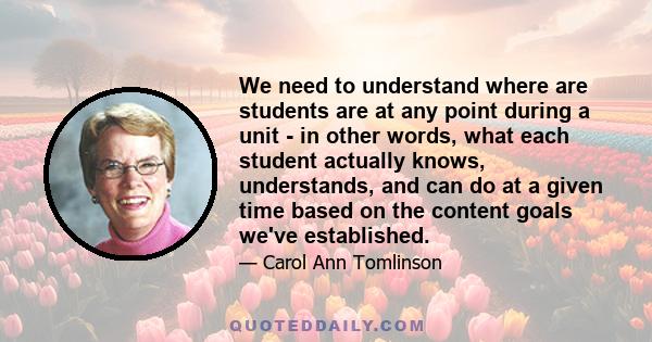 We need to understand where are students are at any point during a unit - in other words, what each student actually knows, understands, and can do at a given time based on the content goals we've established.