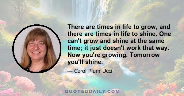 There are times in life to grow, and there are times in life to shine. One can't grow and shine at the same time; it just doesn't work that way. Now you're growing. Tomorrow you'll shine.