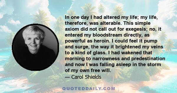 In one day I had altered my life; my life, therefore, was alterable. This simple axiom did not call out for exegesis; no, it entered my bloodstream directly, as powerful as heroin. I could feel it pump and surge, the