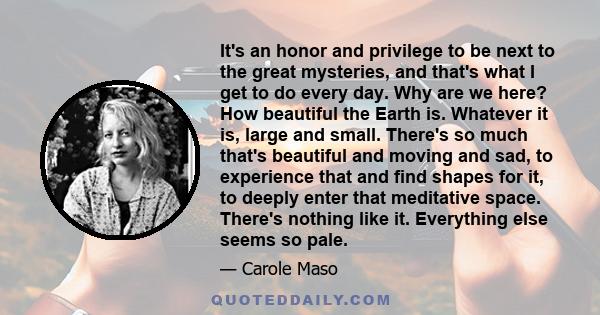 It's an honor and privilege to be next to the great mysteries, and that's what I get to do every day. Why are we here? How beautiful the Earth is. Whatever it is, large and small. There's so much that's beautiful and