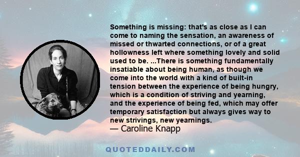 Something is missing: that's as close as I can come to naming the sensation, an awareness of missed or thwarted connections, or of a great hollowness left where something lovely and solid used to be. ...There is