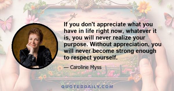 If you don't appreciate what you have in life right now, whatever it is, you will never realize your purpose. Without appreciation, you will never become strong enough to respect yourself.