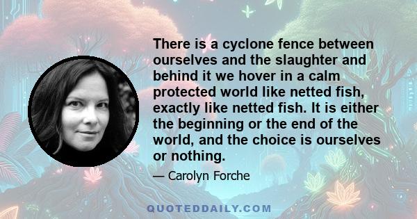 There is a cyclone fence between ourselves and the slaughter and behind it we hover in a calm protected world like netted fish, exactly like netted fish. It is either the beginning or the end of the world, and the