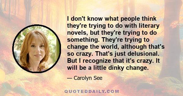 I don't know what people think they're trying to do with literary novels, but they're trying to do something. They're trying to change the world, although that's so crazy. That's just delusional. But I recognize that