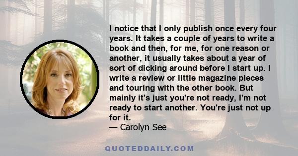 I notice that I only publish once every four years. It takes a couple of years to write a book and then, for me, for one reason or another, it usually takes about a year of sort of dicking around before I start up. I