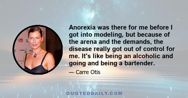 Anorexia was there for me before I got into modeling, but because of the arena and the demands, the disease really got out of control for me. It's like being an alcoholic and going and being a bartender.