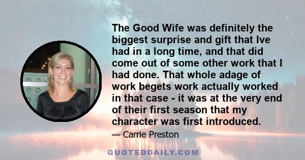 The Good Wife was definitely the biggest surprise and gift that Ive had in a long time, and that did come out of some other work that I had done. That whole adage of work begets work actually worked in that case - it