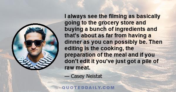 I always see the filming as basically going to the grocery store and buying a bunch of ingredients and that's about as far from having a dinner as you can possibly be. Then editing is the cooking, the preparation of the 