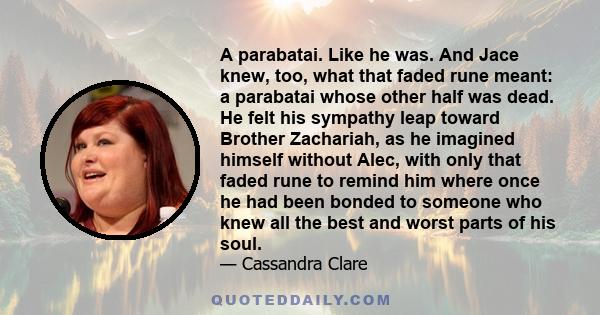 A parabatai. Like he was. And Jace knew, too, what that faded rune meant: a parabatai whose other half was dead. He felt his sympathy leap toward Brother Zachariah, as he imagined himself without Alec, with only that