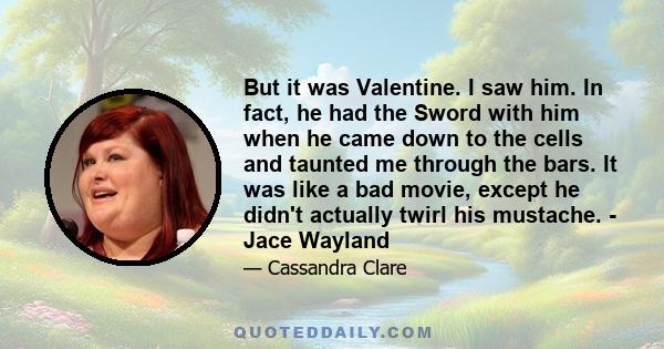 But it was Valentine. I saw him. In fact, he had the Sword with him when he came down to the cells and taunted me through the bars. It was like a bad movie, except he didn't actually twirl his mustache. - Jace Wayland