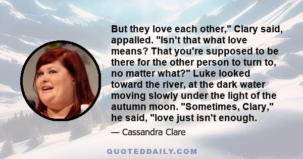 But they love each other, Clary said, appalled. Isn't that what love means? That you're supposed to be there for the other person to turn to, no matter what? Luke looked toward the river, at the dark water moving slowly 