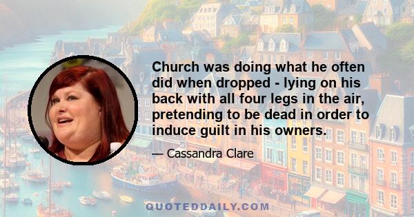 Church was doing what he often did when dropped - lying on his back with all four legs in the air, pretending to be dead in order to induce guilt in his owners.