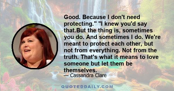 Good. Because I don't need protecting. I knew you'd say that.But the thing is, sometimes you do. And sometimes I do. We're meant to protect each other, but not from everything. Not from the truth. That's what it means