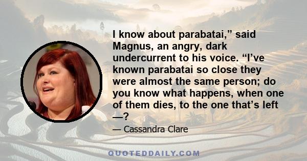 I know about parabatai,” said Magnus, an angry, dark undercurrent to his voice. “I’ve known parabatai so close they were almost the same person; do you know what happens, when one of them dies, to the one that’s left —?