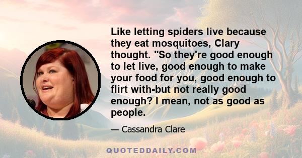 Like letting spiders live because they eat mosquitoes, Clary thought. So they're good enough to let live, good enough to make your food for you, good enough to flirt with-but not really good enough? I mean, not as good