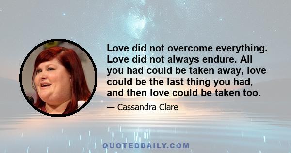 Love did not overcome everything. Love did not always endure. All you had could be taken away, love could be the last thing you had, and then love could be taken too.