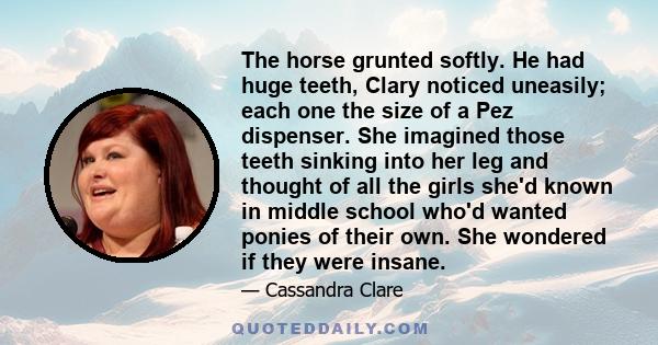 The horse grunted softly. He had huge teeth, Clary noticed uneasily; each one the size of a Pez dispenser. She imagined those teeth sinking into her leg and thought of all the girls she'd known in middle school who'd