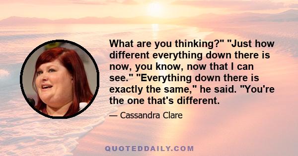 What are you thinking? Just how different everything down there is now, you know, now that I can see. Everything down there is exactly the same, he said. You're the one that's different.