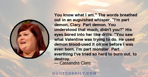 You know what I am. The words breathed out in an auguished whisper. I'm part demon, Clary. Part demon. You understood that much, didn't you? His eyes bored into her like drills. You saw what Valentine was trying to do.