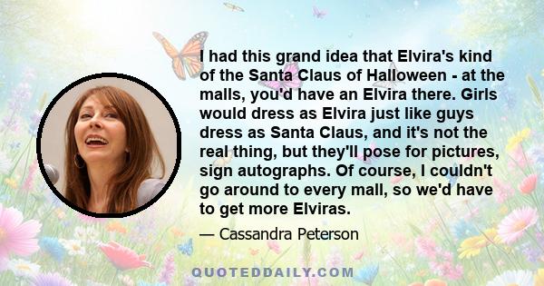 I had this grand idea that Elvira's kind of the Santa Claus of Halloween - at the malls, you'd have an Elvira there. Girls would dress as Elvira just like guys dress as Santa Claus, and it's not the real thing, but