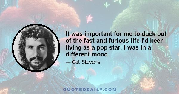 It was important for me to duck out of the fast and furious life I'd been living as a pop star. I was in a different mood.