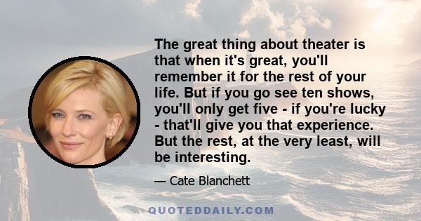 The great thing about theater is that when it's great, you'll remember it for the rest of your life. But if you go see ten shows, you'll only get five - if you're lucky - that'll give you that experience. But the rest,