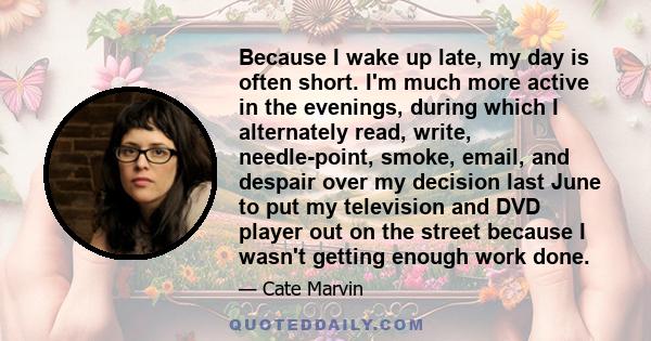 Because I wake up late, my day is often short. I'm much more active in the evenings, during which I alternately read, write, needle-point, smoke, email, and despair over my decision last June to put my television and