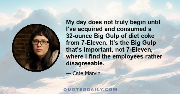 My day does not truly begin until I've acquired and consumed a 32-ounce Big Gulp of diet coke from 7-Eleven. It's the Big Gulp that's important, not 7-Eleven, where I find the employees rather disagreeable.