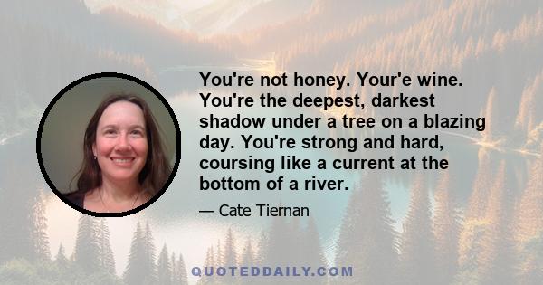 You're not honey. Your'e wine. You're the deepest, darkest shadow under a tree on a blazing day. You're strong and hard, coursing like a current at the bottom of a river.