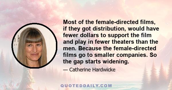 Most of the female-directed films, if they got distribution, would have fewer dollars to support the film and play in fewer theaters than the men. Because the female-directed films go to smaller companies. So the gap