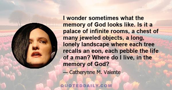 I wonder sometimes what the memory of God looks like. Is it a palace of infinite rooms, a chest of many jeweled objects, a long, lonely landscape where each tree recalls an eon, each pebble the life of a man? Where do I 