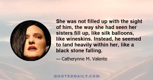 She was not filled up with the sight of him, the way she had seen her sisters fill up, like silk balloons, like wineskins. Instead, he seemed to land heavily within her, like a black stone falling.