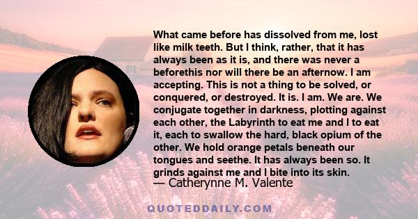 What came before has dissolved from me, lost like milk teeth. But I think, rather, that it has always been as it is, and there was never a beforethis nor will there be an afternow. I am accepting. This is not a thing to 