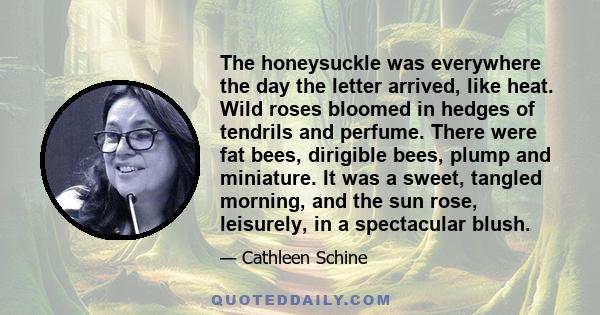 The honeysuckle was everywhere the day the letter arrived, like heat. Wild roses bloomed in hedges of tendrils and perfume. There were fat bees, dirigible bees, plump and miniature. It was a sweet, tangled morning, and