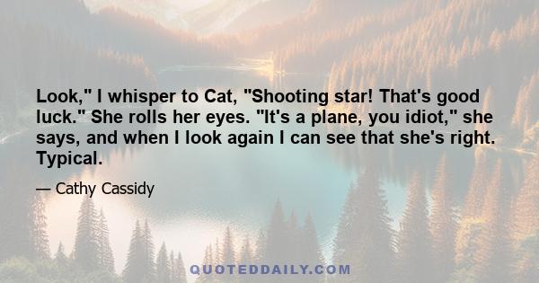 Look, I whisper to Cat, Shooting star! That's good luck. She rolls her eyes. It's a plane, you idiot, she says, and when I look again I can see that she's right. Typical.