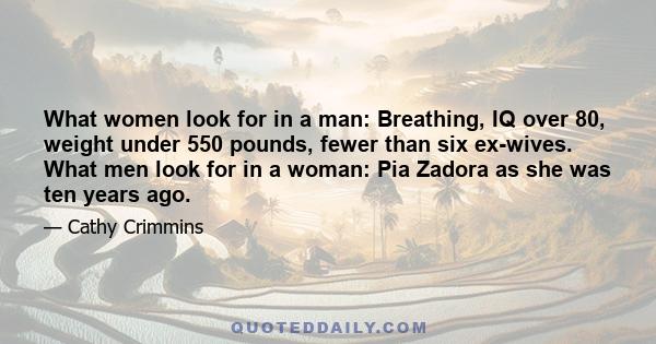 What women look for in a man: Breathing, IQ over 80, weight under 550 pounds, fewer than six ex-wives. What men look for in a woman: Pia Zadora as she was ten years ago.