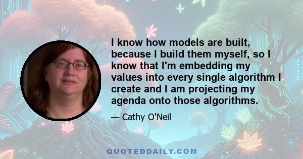 I know how models are built, because I build them myself, so I know that I'm embedding my values into every single algorithm I create and I am projecting my agenda onto those algorithms.