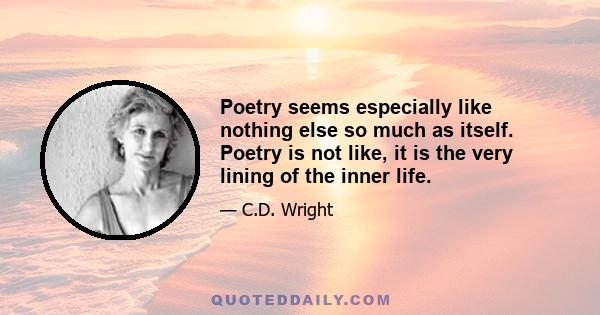 Poetry seems especially like nothing else so much as itself. Poetry is not like, it is the very lining of the inner life.