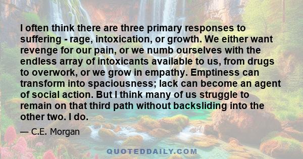 I often think there are three primary responses to suffering - rage, intoxication, or growth. We either want revenge for our pain, or we numb ourselves with the endless array of intoxicants available to us, from drugs