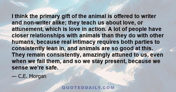 I think the primary gift of the animal is offered to writer and non-writer alike; they teach us about love, or attunement, which is love in action. A lot of people have closer relationships with animals than they do