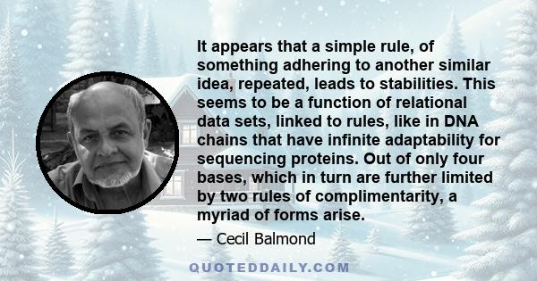 It appears that a simple rule, of something adhering to another similar idea, repeated, leads to stabilities. This seems to be a function of relational data sets, linked to rules, like in DNA chains that have infinite