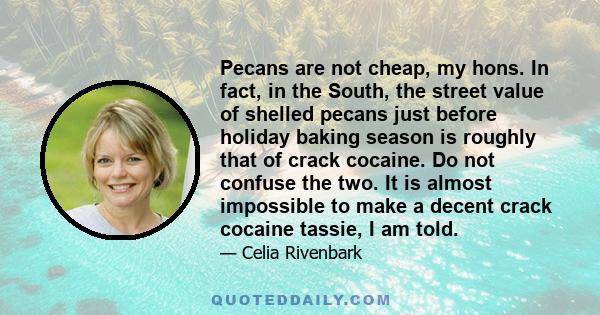 Pecans are not cheap, my hons. In fact, in the South, the street value of shelled pecans just before holiday baking season is roughly that of crack cocaine. Do not confuse the two. It is almost impossible to make a