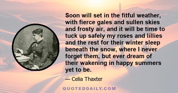 Soon will set in the fitful weather, with fierce gales and sullen skies and frosty air, and it will be time to tuck up safely my roses and lillies and the rest for their winter sleep beneath the snow, where I never