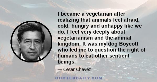 I became a vegetarian after realizing that animals feel afraid, cold, hungry and unhappy like we do. I feel very deeply about vegetarianism and the animal kingdom. It was my dog Boycott who led me to question the right